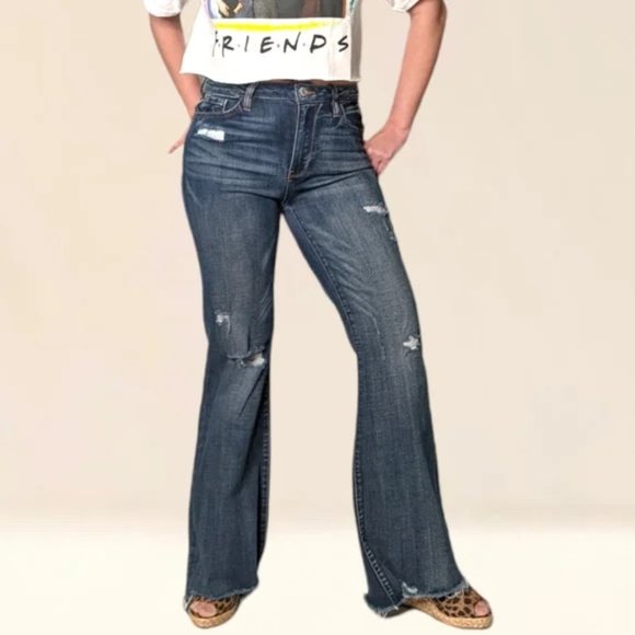 Almost Famous Flare Jeans Distressed Holey Raw Hem Hippie Boho Retro Grunge-3 - Picture 1 of 15
